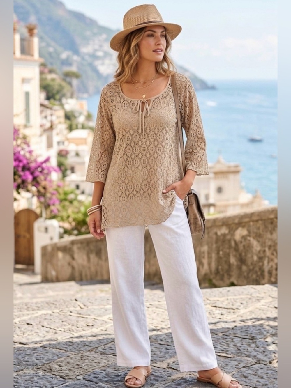 New Directions Beige Tunic Top with Lace Overlay size Medium NWT